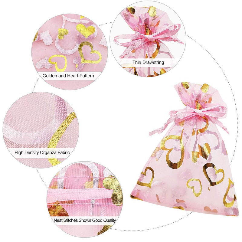 SumDirect 100Pcs 3.5x4.7 inch Sheer Pink Drawstring Heart Organza Favor Gift Bags Wedding Party Christmas Jewelry Pouches - Image 2